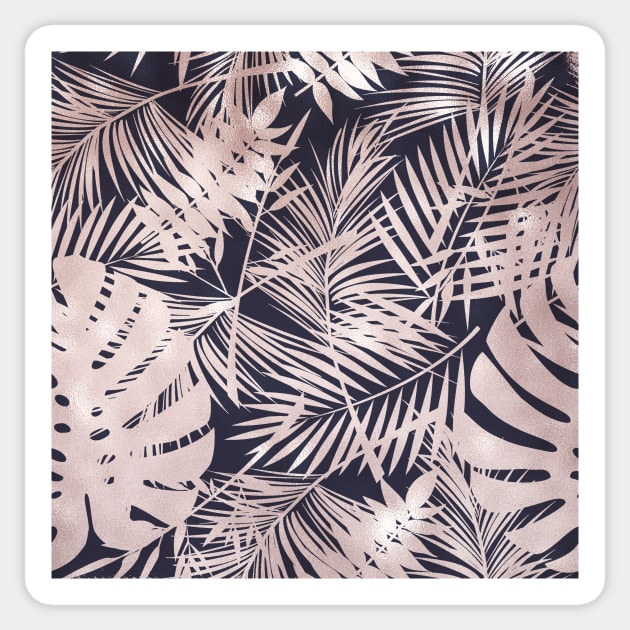 Navy Blue Pink Shimmer Palm Leaves Sticker by Printable Pretty